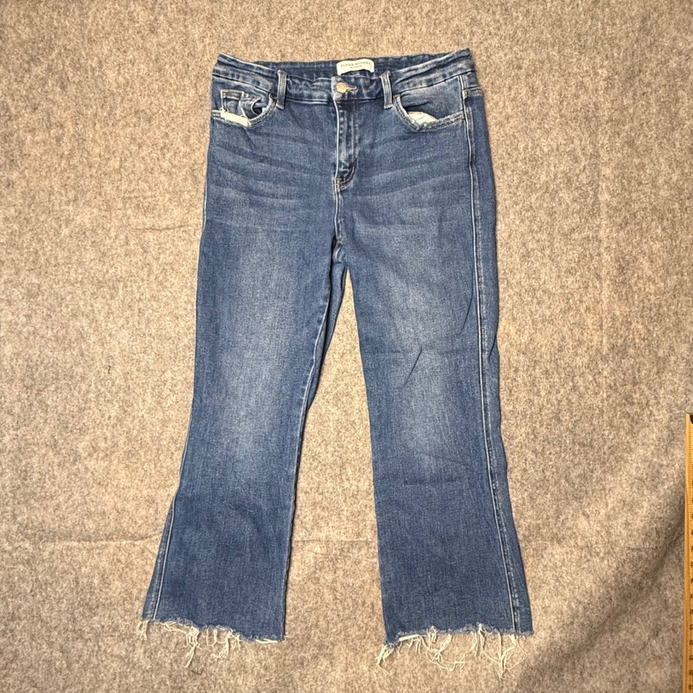Flying Monkey Mid-Rise Cropped Flare Womens 31 Blue Distressed Raw Hem Jeans